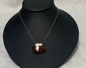 Beautiful Minimalist Vintage Sterling Silver Amber Pendant and Chain