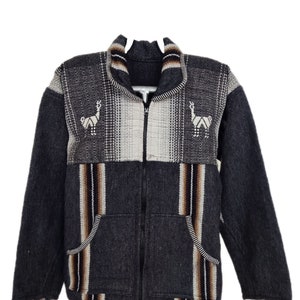 New, warm and comfortable, alpaca - llama wool jacket, hoodie, hooded, coat, shades of grey, andean, andes.