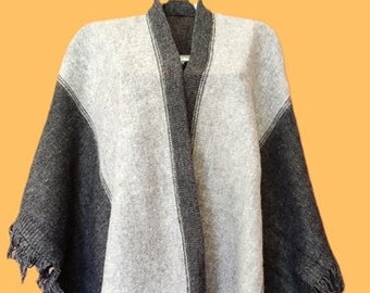 New, 100% alpaca wool, ruana, shawl, cloak, cape, one size, light gray ank dark gray color, warm, soft.