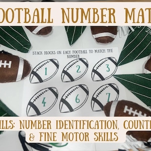 May include: A green and white football-themed number mat with a white background. The mat has a set of footballs with numbers 1 through 7 printed on them. The mat also has a set of green and white football pennants with numbers 10, 20, and 30 printed on them. The text "STACK BLOCKS ON EACH FOOTBALL TO MATCH THE NUMBER" is printed on the mat. The text "SKILLS: NUMBER IDENTIFICATION, COUNTING & FINE MOTOR SKILLS" is printed at the bottom of the mat.