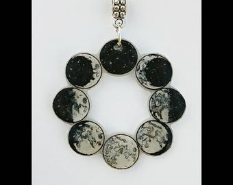 Phases of the moon necklace pendant. Hand painted.