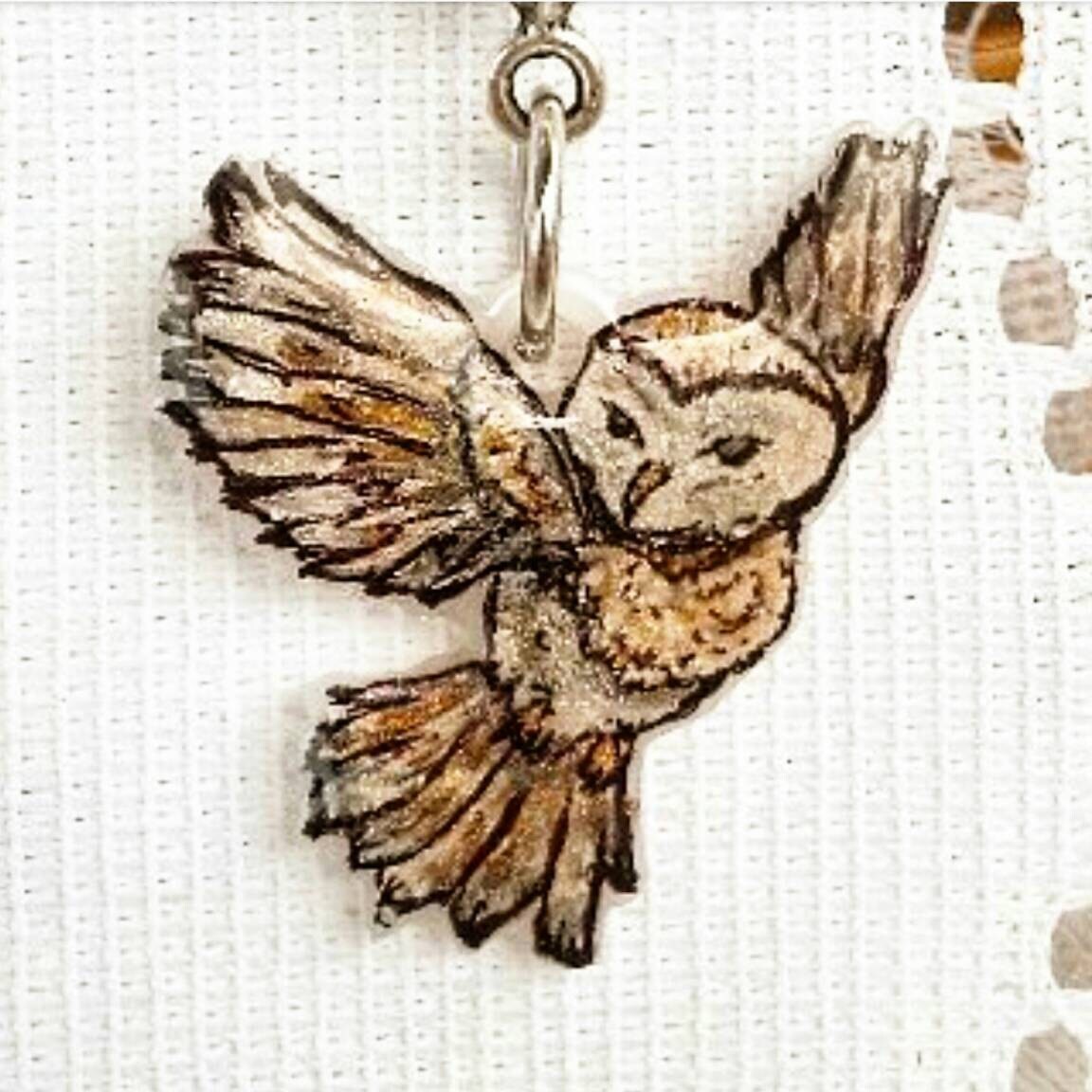 Whimsical flying OWL. Painted spirit animal owl pendant