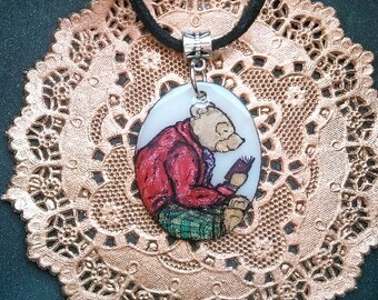BEAR reading a book necklace pendant. Handpainted animal lover, book lover jewelry