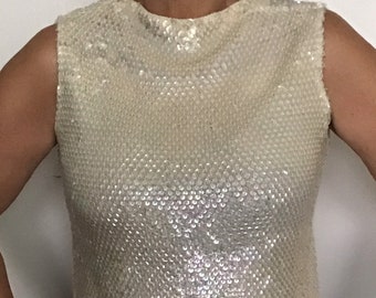 Cream iridescent sequin beaded blouse - Vintage - Free Shipping