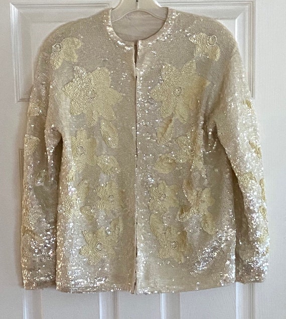 Cream Iridescent Sequin Vintage Sweater- Size Med… - image 6