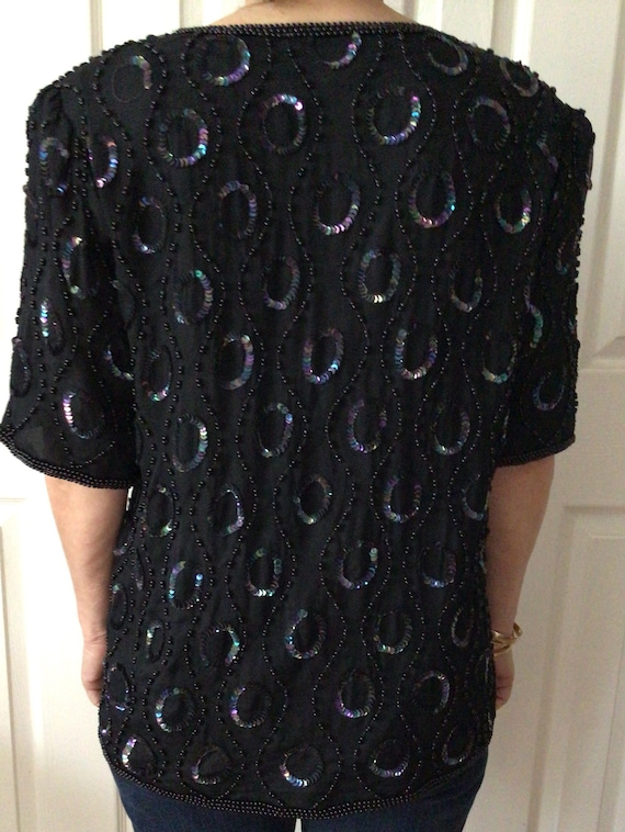 Black Beaded and Sequin Vintage Blouse – Size Med… - image 2