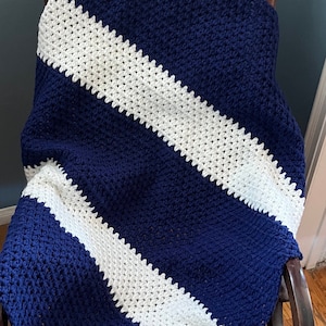 Crocheted Navy Blue and White Baby Blanket - Handmade - Free Shipping