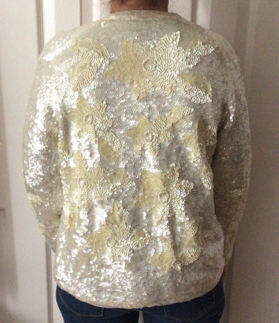 Cream Iridescent Sequin Vintage Sweater- Size Med… - image 4