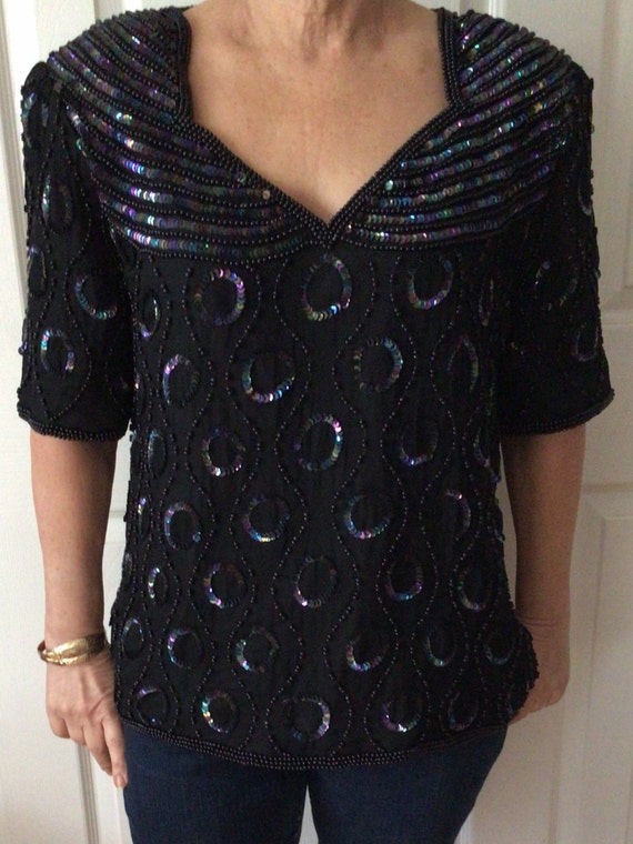 Black Beaded and Sequin Vintage Blouse – Size Med… - image 1