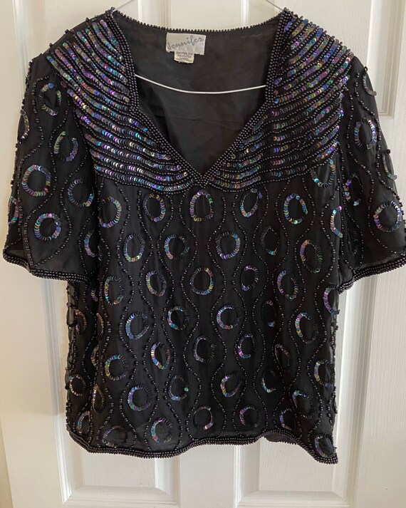 Black Beaded and Sequin Vintage Blouse – Size Med… - image 4