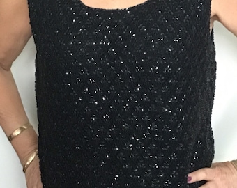 Black Sequin & Beaded Blouse - Vintage - Tank Top - Free Shipping - Size Medium