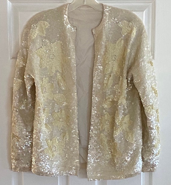 Cream Iridescent Sequin Vintage Sweater- Size Med… - image 5