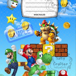 May include: A composition book cover featuring a blue sky background with clouds, gold coins, a yellow star, and a red mushroom. Characters include Bowser, Mario, Luigi, Yoshi, and Bowser Jr. The text reads Front, COMPOSITION BOOK, and WIDE RULED.