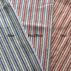 May include: Three fabric swatches with different colored stripes. The first swatch is blue and white stripes, the second swatch is red and blue stripes, and the third swatch is red and white stripes.