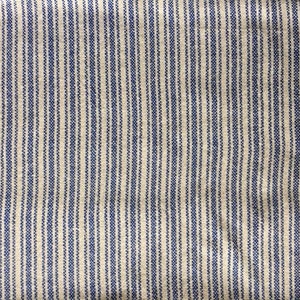 May include: A close-up of a white fabric with thin blue stripes. The fabric has a woven texture.