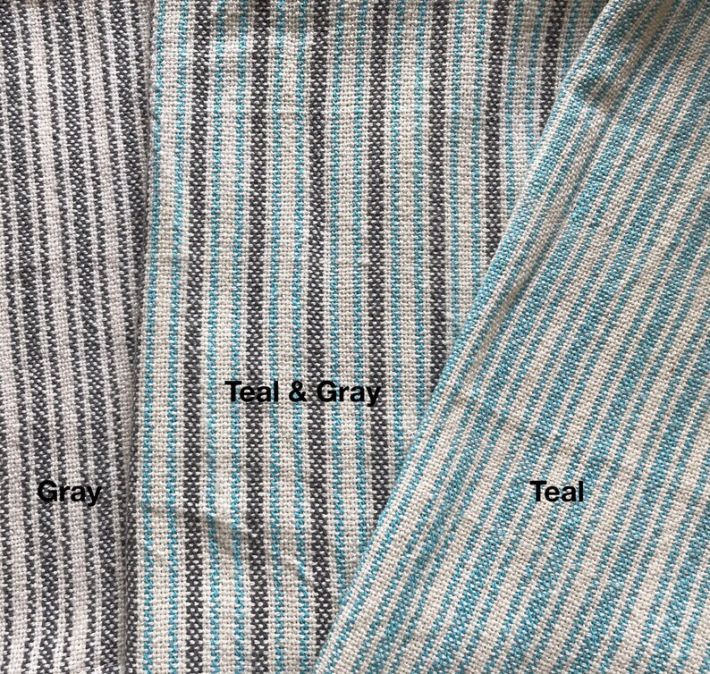 May include: Close-up of three fabric swatches with different striped patterns. The swatches are labeled "Gray", "Teal & Gray", and "Teal".