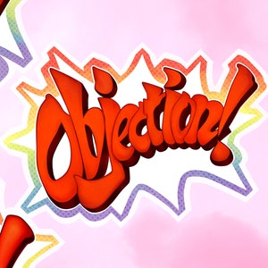 Könnte beinhalten: Drei rote Comic-Sprechblasen mit weißen Umrissen und einem gepunkteten Muster. Die Blasen enthalten die Sätze "Hold It!", "Objection!" und "Take That!"