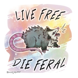 Live FREE, Die FERAL &gt;:3 - Screaming Opossum Sticker!