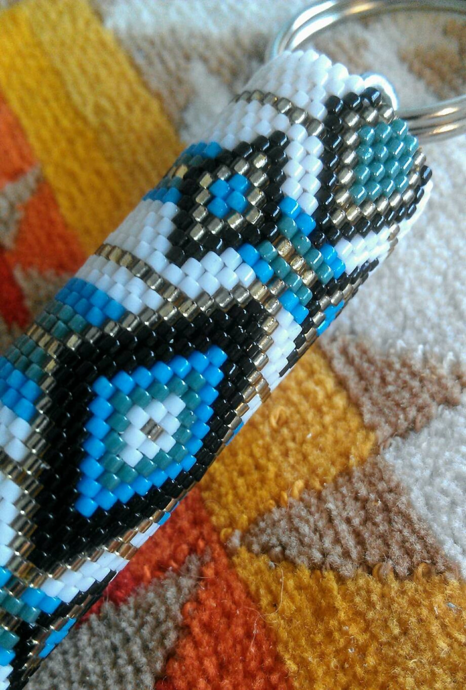 Geometric Keychains Keychains, 'geometric Blanket' - Hand Beaded Double-ring Keychain ...