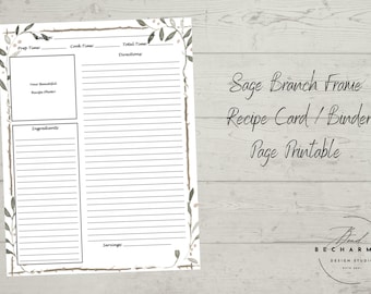 May include: Printable recipe card template with a sage branch frame. The card has sections for prep time, cook time, total time, ingredients, directions, and servings. The card is decorated with a watercolor sage branch and berries.