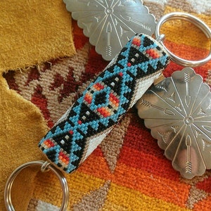 Keychains, &#39;Zuni Pottery&#39; - Hand Beaded Double-Ring Keychain, Lanyard Decor, Southwestern Key Accessories, Traveler Gift, Retirement Gift