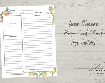 May include: Printable recipe card template with a lemon blossom design. The card has sections for recipe name, prep time, cook time, total time, ingredients, directions, and servings.