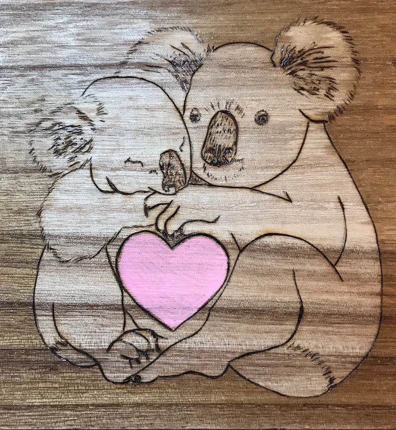 Adorable wooden box wood burned with a Koala family.
