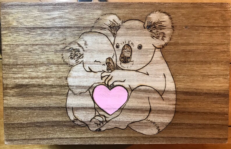 Adorable wooden box wood burned with a Koala family.