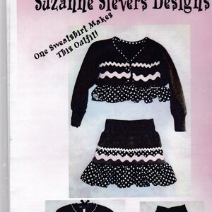May include: Three knitted clothing items: a black and white sweater with a ruffle hem, a black and white skirt with a ruffle hem, and a black sweater with white flower embellishments. The text "One Sweatshirt Makes This Outfit!" is at the top of the image. The text "Zippered Jacket" is below the black sweater with white flower embellishments. The text "Upside Down Skirt" is below the black and white skirt with a ruffle hem.