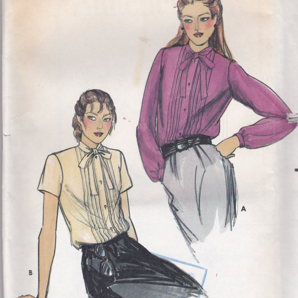 Rare Vintage Butterick 3022 blouse, size 16 NEW/UNCUT/FF Classic front button blouse, front pin tucks and a tie neck. Modest neck, Retro