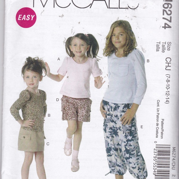 Easy McCalls 6274 in girl's size 7-14, NEW/UNCUT/FF for tops, shorts, pants and skirt. Tops - Stretch Knits only. Crop pants. patch pockets.