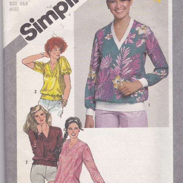 Vintage Simplicity 9852 in size range 6-8, NEW/UNCut/FF, Misses Pullover tops - Sweatshirt tops, Retro, Classic styling, V-neck, From 1980