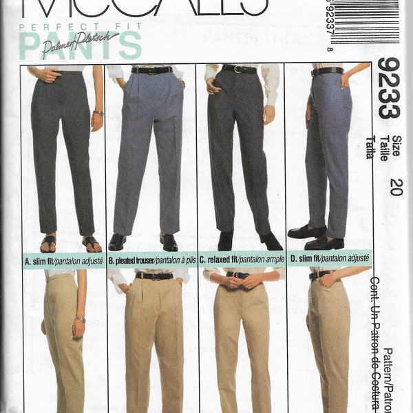 Vintage McCalls 9233 Sz 20, NEW/UNCUT/FF, Perfect Fit Pants by Palmer + Pletsch Slim fit with/without belt loops, Relaxed fit