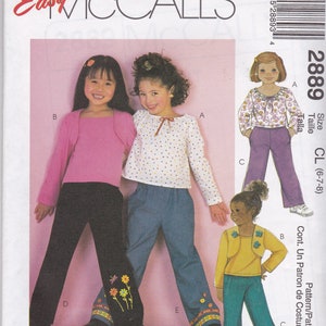 Easy McCalls 2889 Rare sz range 6-7-8, NEW/UNCUT/FF: Girls tops and pull on pants with pockets, peasant style top, Opt. attached mock shrug