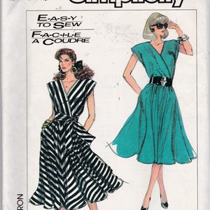 Mock wrap, pull-over dress, flared skirt with pockets, no zipper or buttons, Easy, Vintage Simplicity 8568 in RARE Size 6-8  NEW/UNcut/FF