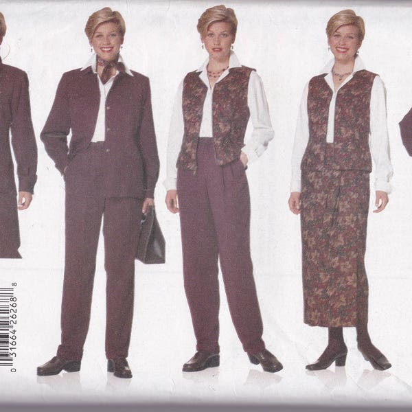 Vintage Butterick 5199, NEW/UNCUT/FF, Misses wardrobe 14-18, lined Jacket, Lined Vest, Pants, Straight Wrap Skirt. Princess seaming, slacks