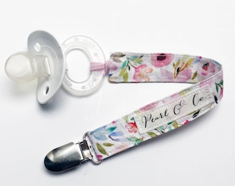 Pacifier Clip: Mae Watercolor Floral - Floral Paci Clip - Pacifier Clip Girl - Binky Clip Girl - Floral Binky Clip - Floral Pacifier Holder