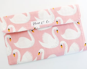 Diaper Clutch: Blush Royal Swans - Pink Diaper Clutch - Diaper & Wipes Case - Diaper Bag Organizer - Diaper Clutch Girl -Swan Baby Accessory
