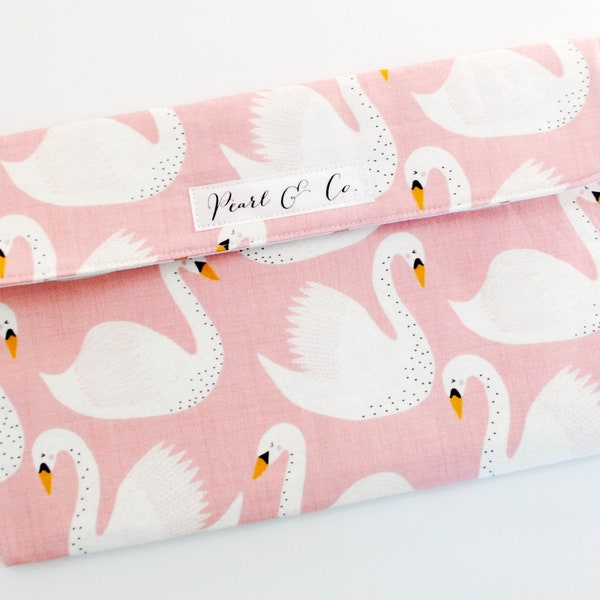 Diaper Clutch: Blush Royal Swans - Pink Diaper Clutch - Diaper & Wipes Case - Diaper Bag Organizer - Diaper Clutch Girl -Swan Baby Accessory