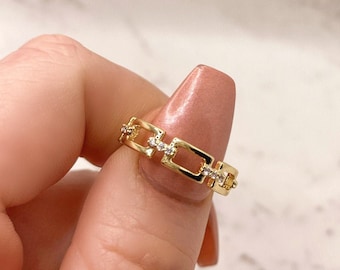 Adjustable 18K Gold Plated Chain Style Ring, CZ Pave, Band