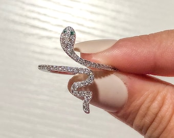Adjustable Silver Snake/Serpent Ring, CZ Pave