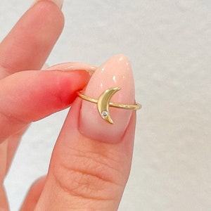 Adjustable 18K Gold Plated Celestial Moon, CZ Pave Detailing, Dainty Ring