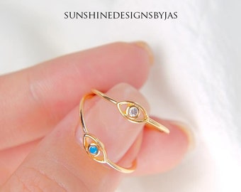 18K Gold Plated Adjustable Clear/Blue TQ Evil Eye Ring