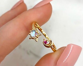 Adjustable 18k Gold Plated Moon Celestial Ring with Red Crystal Detail, CZ Pave Active