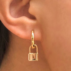 18K Gold Plated Padlock Charm Hoops w/ Removable Charm