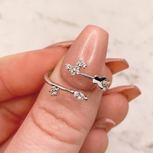 Adjustable Silver Butterfly Ring, CZ Pave