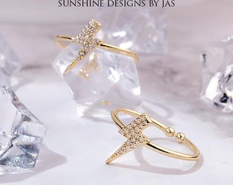 Adjustable 18k Gold Plated Lightning Bolt Ring, CZ Pave