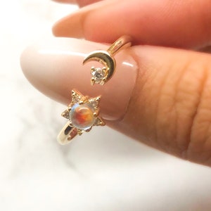 Adjustable 18k Gold Plated Moon Celestial Ring with Clear Crystal Detail, CZ Pave