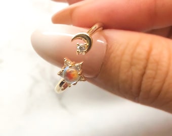 Adjustable 18k Gold Plated Moon Celestial Ring with Clear Crystal Detail, CZ Pave
