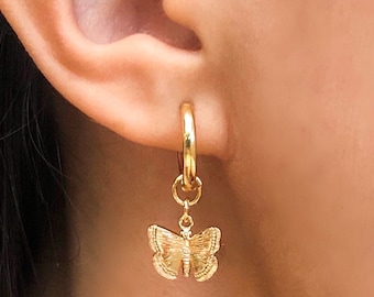 18K Gold Plated Butterfly Charm Hoops w/ Removable Charm